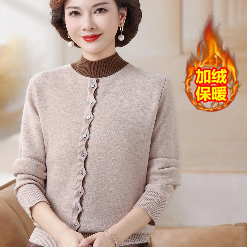 中老年女装妈妈毛衣上衣秋冬加绒加厚保暖半高领针织衫洋气奶奶装