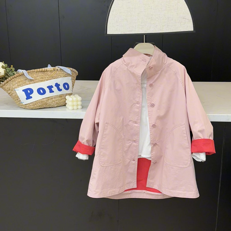 现货leomama【撞色风衣】女童风衣2025春儿童时尚中长款外套洋气