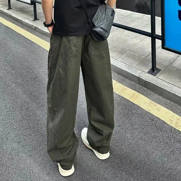 秋季美式复古拼接褶皱休闲裤男款宽松直筒阔腿伞兵工装裤