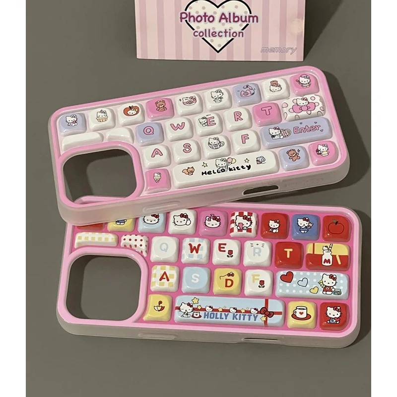 可爱粉边Kitty猫适用iPhone16promax苹果13/15键盘手机壳14软11女