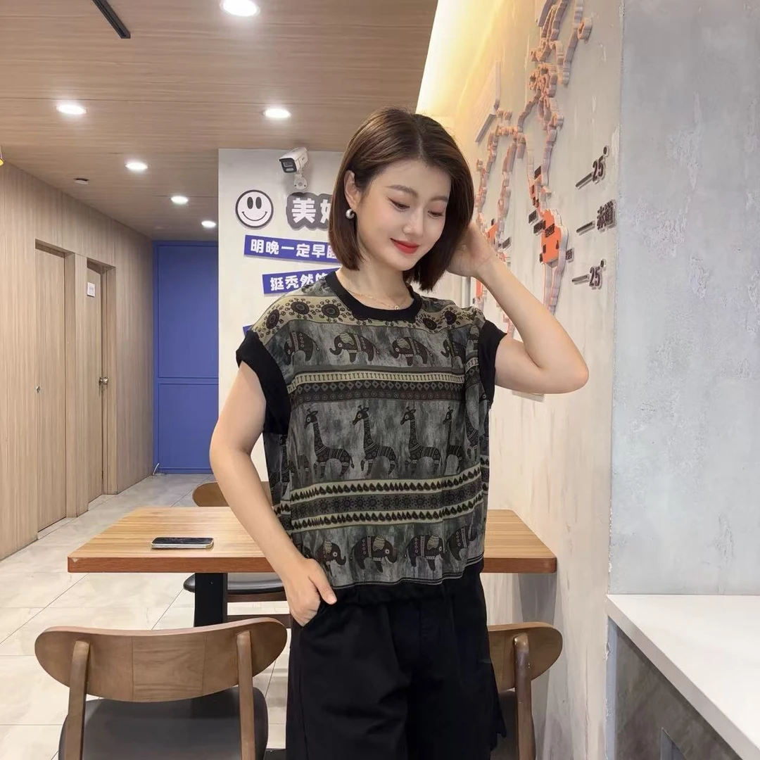 2025夏款圆领设计感时尚百搭无袖T恤显瘦上衣女别致小衫印花潮