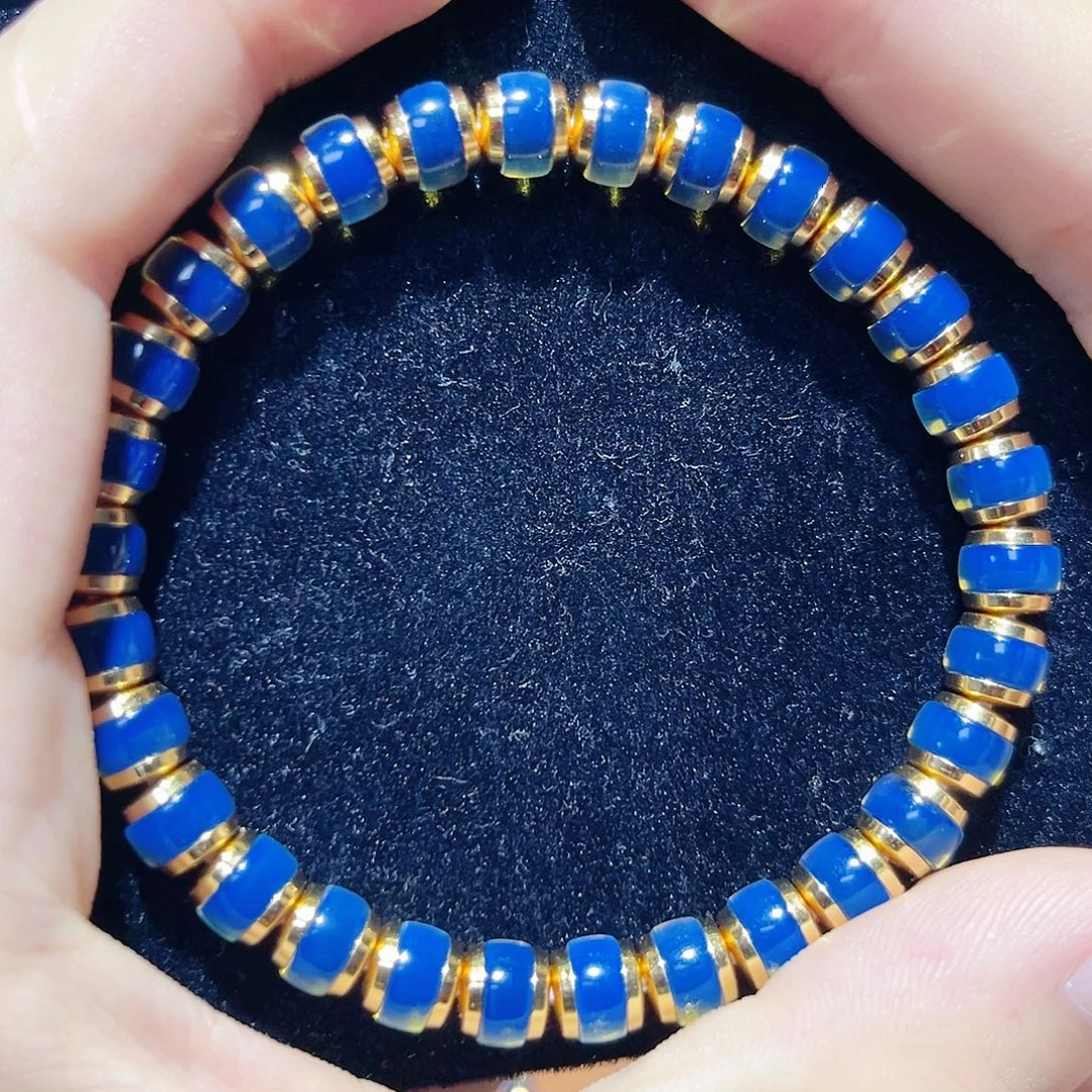 蓝珀银S925镀金镶嵌珠宝奇石7mm多米尼加皇家蓝