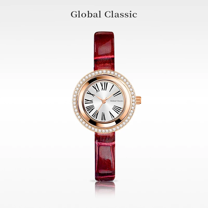 GLOBAL CLASSIC环球时来运转系列轻奢时尚镶钻红色皮带手表女