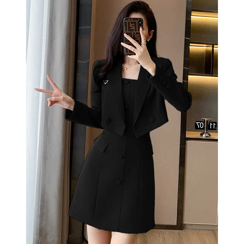 【两件套】高级感职业女神范气质女装黑色短款小西装两件套裙子2131