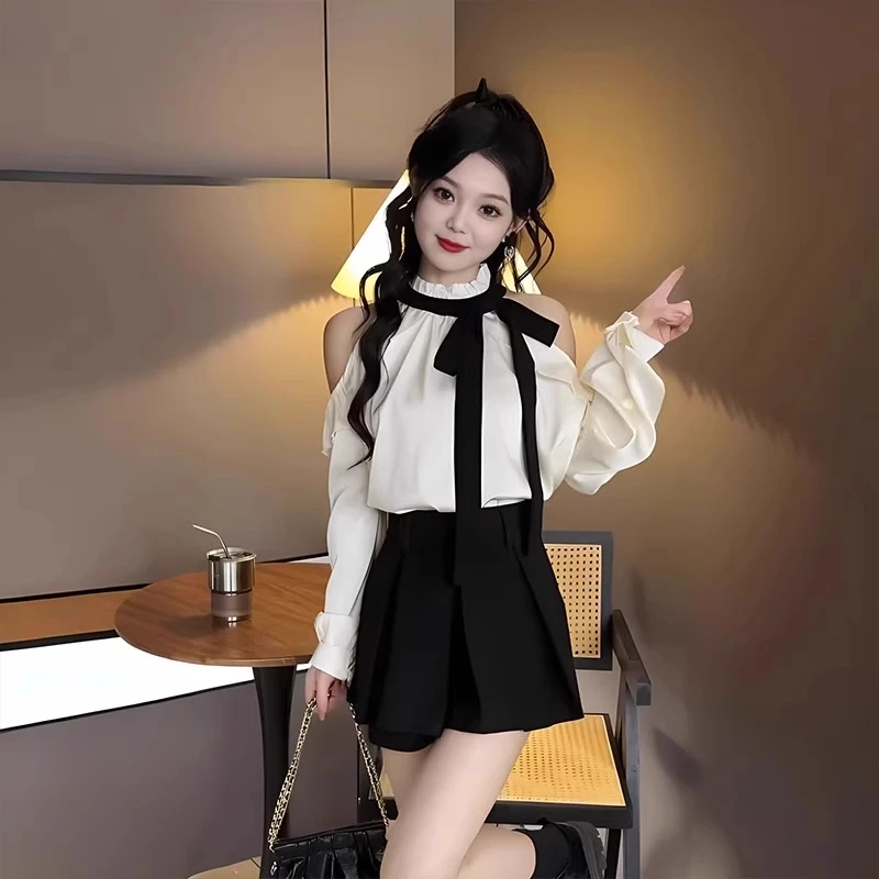 设计感露肩衬衫甜美风蝴蝶结上衣女初春高腰半身裙短裙子两件套装