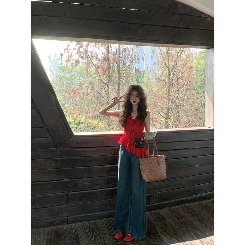 法式辣妹风不规则荷叶边吊带上衣女2025年夏季新款直筒牛仔裤套装