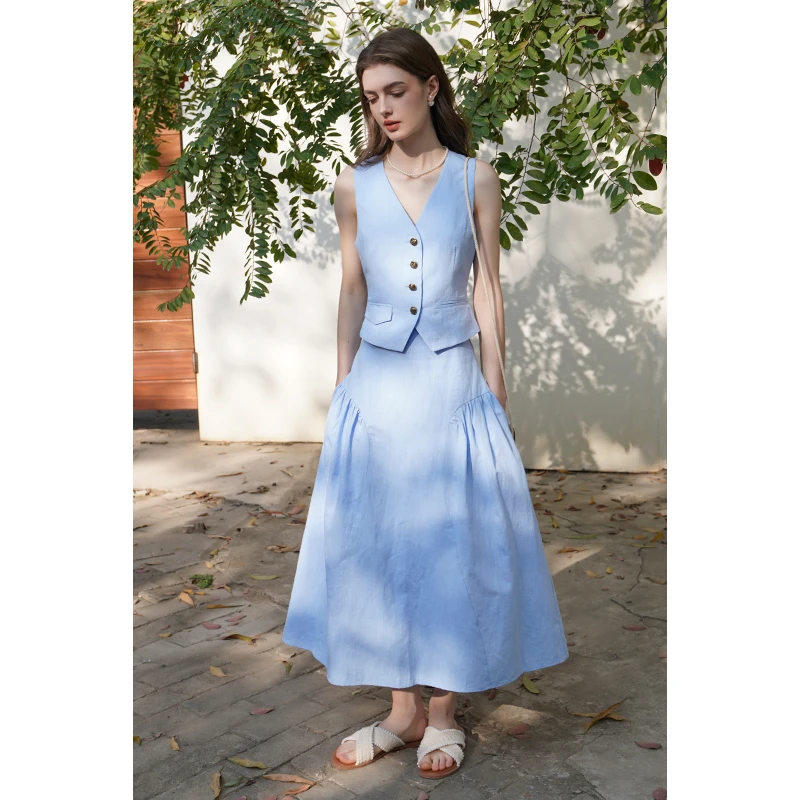 miorastudio法式复古蓝色高腰天丝半身裙高级感小众褶皱伞裙A字裙