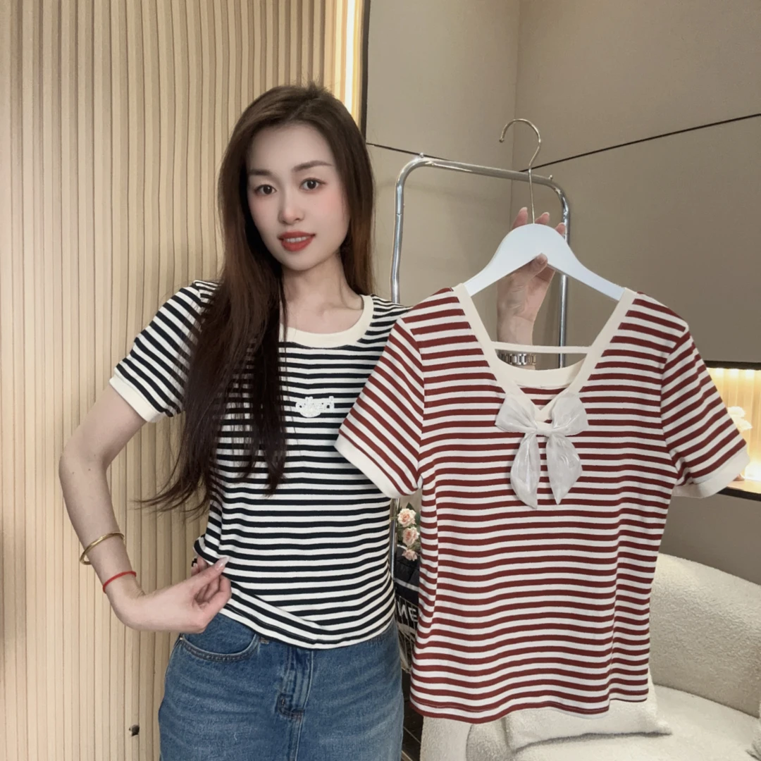 条纹圆领短袖女夏季2025新款设计感独特常规款蝴蝶结T恤时尚上衣