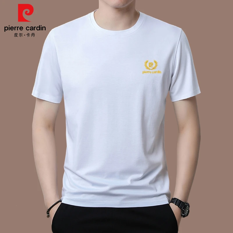 皮尔卡丹桑蚕丝短袖t恤男新款正品男装圆领刺绣薄款百搭半袖上衣