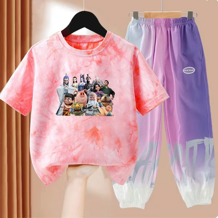 哪吒女童短袖t恤套装夏季新款儿童夏装网红洋气中大童上衣冰丝裤