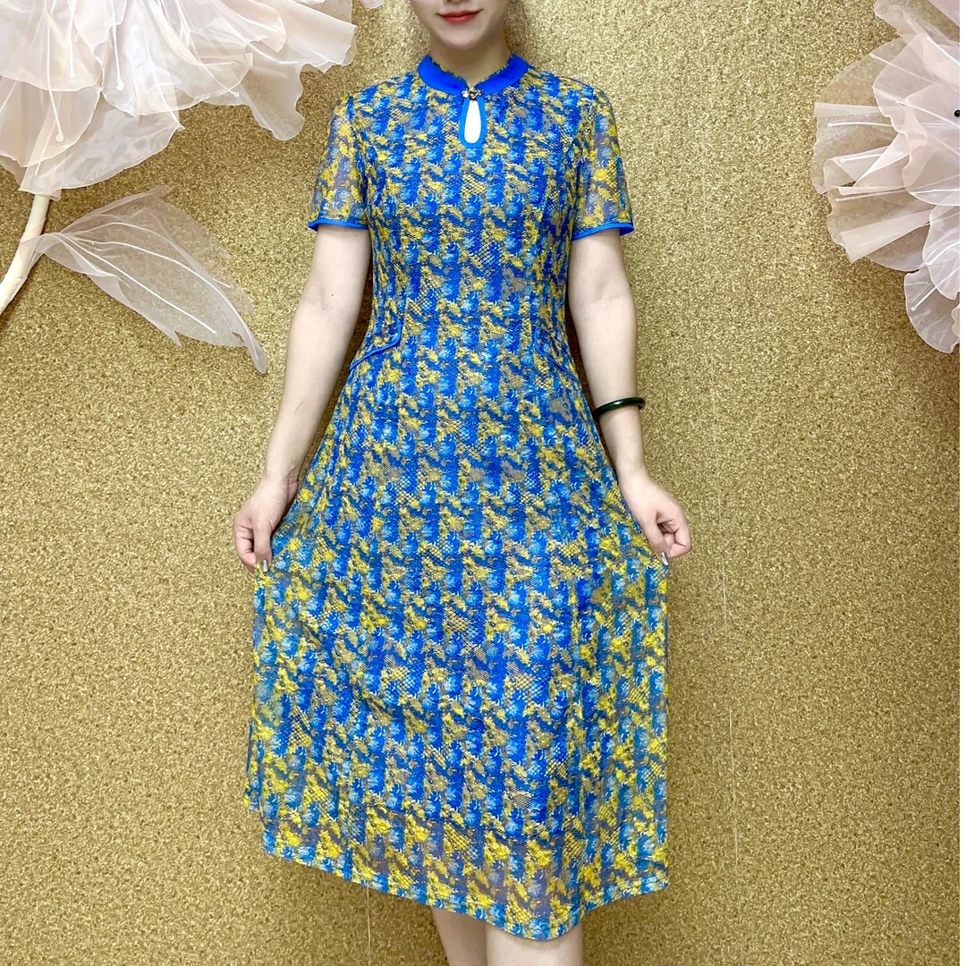 S 1125#夏装妈妈连衣裙蓝色时尚女士休闲夏季连衣裙