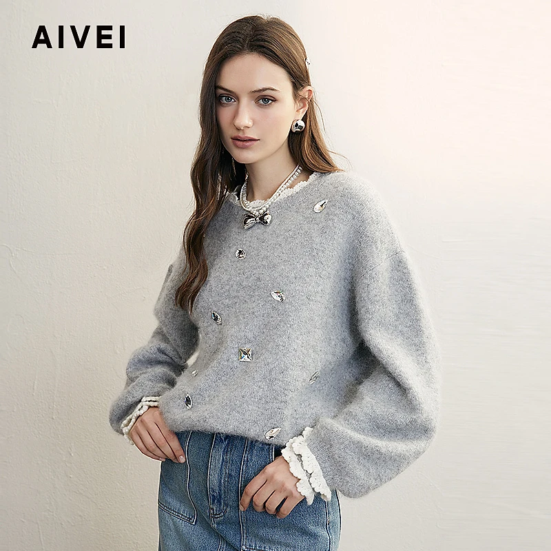 AIVEI24新慵懒软糯风钉钻灰色毛衣针织衫R757013A