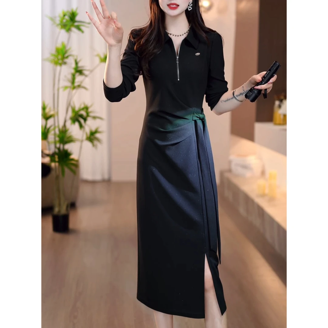 2025年秋季新品洋气翻领高级感长袖连衣裙气质优雅收腰遮肉中长裙