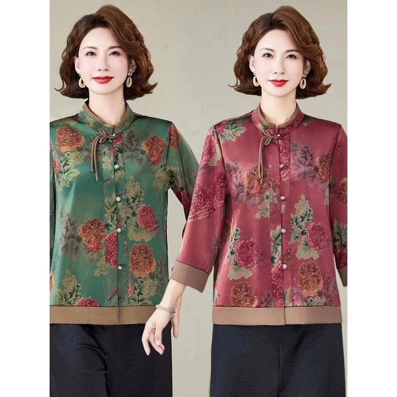 中年妈妈夏装新款新中式上衣中老年人女夏季气质七分袖衬衫老太太