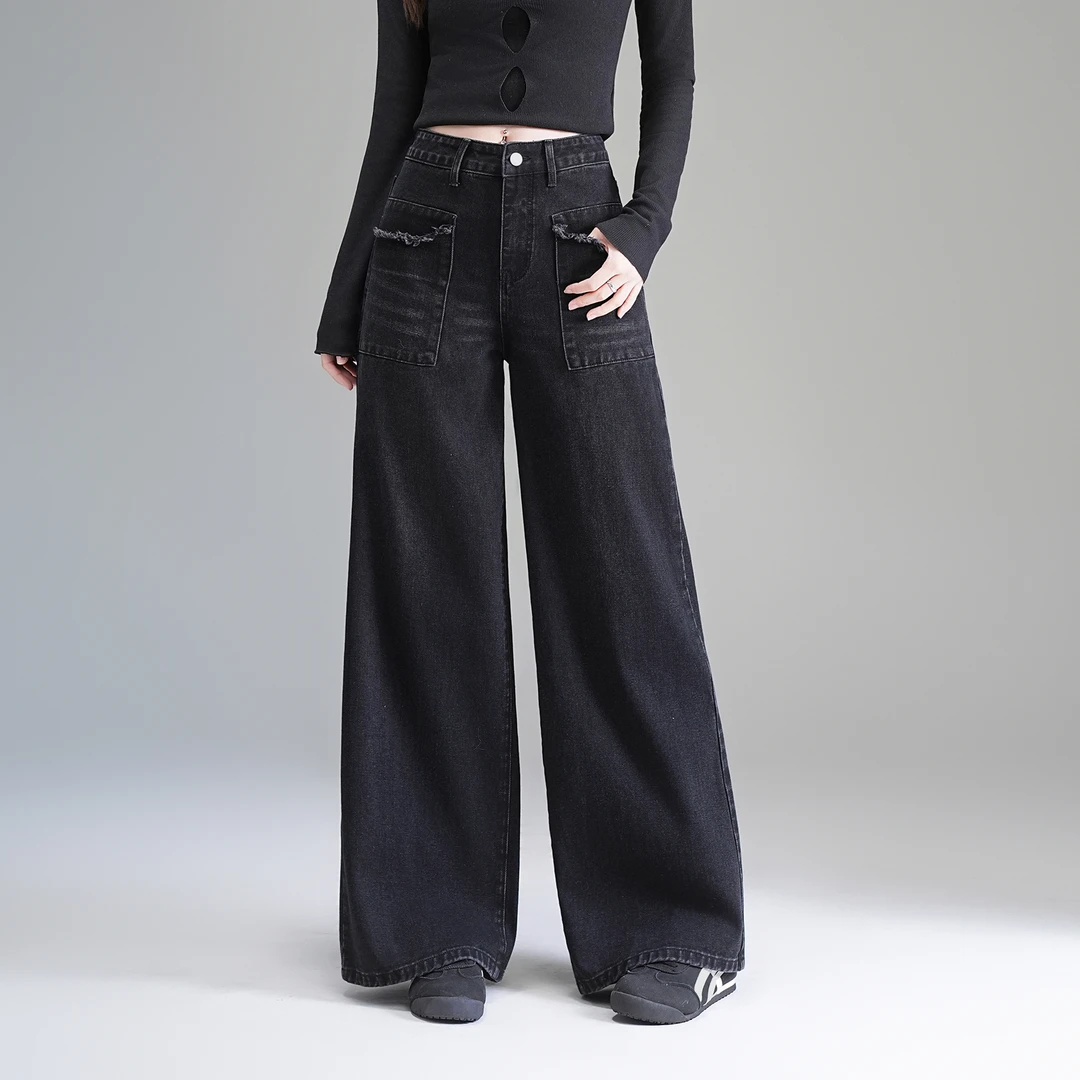 复古黑色直筒阔腿牛仔裤女2026春秋新款宽松高腰显瘦垂感拖地裤子