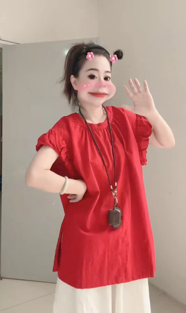 【大女主】红色花苞飞袖圆领宽松中长款衬衫女夏季