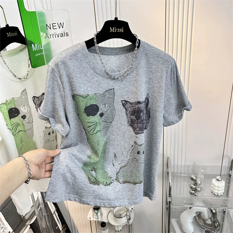 设计感大码200斤胖mm宽松百搭t恤夏季复古圆领短袖雪花棉上衣