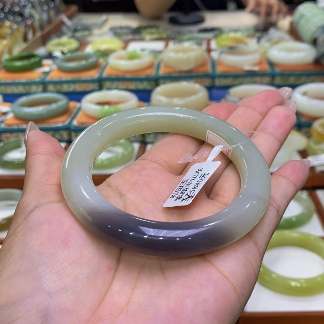 和田玉手镯未镶嵌和田玉紫晴半山水5657