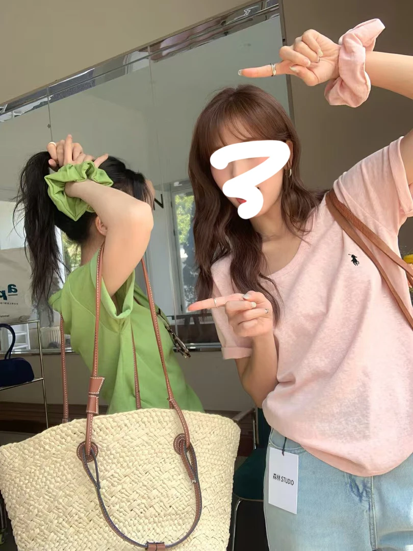 小马雪花棉t恤女夏季25年新款薄款纯色显瘦U领百搭半袖体恤上衣D9