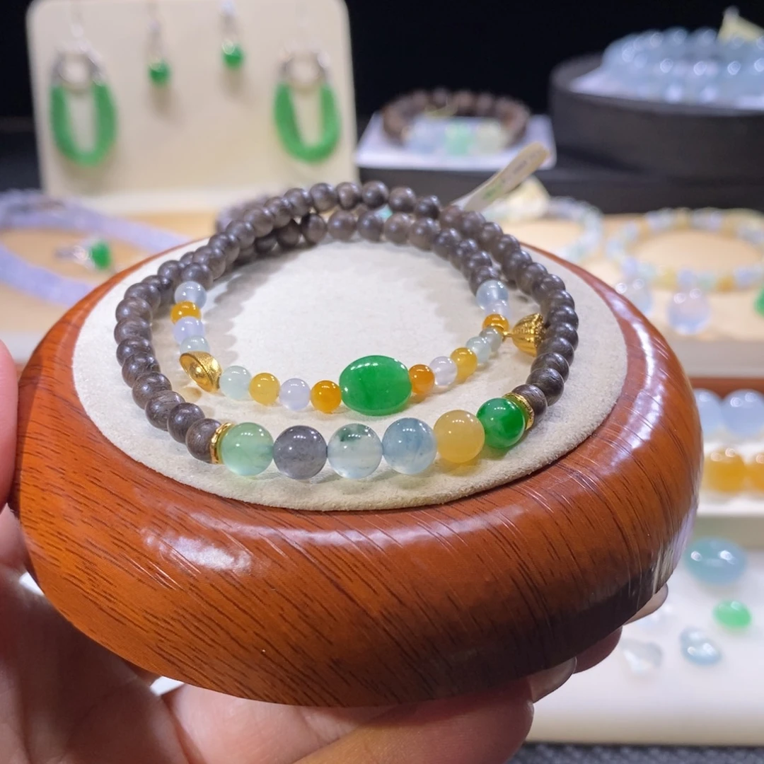 翡翠未镶嵌颈饰翡翠多宝色双圈