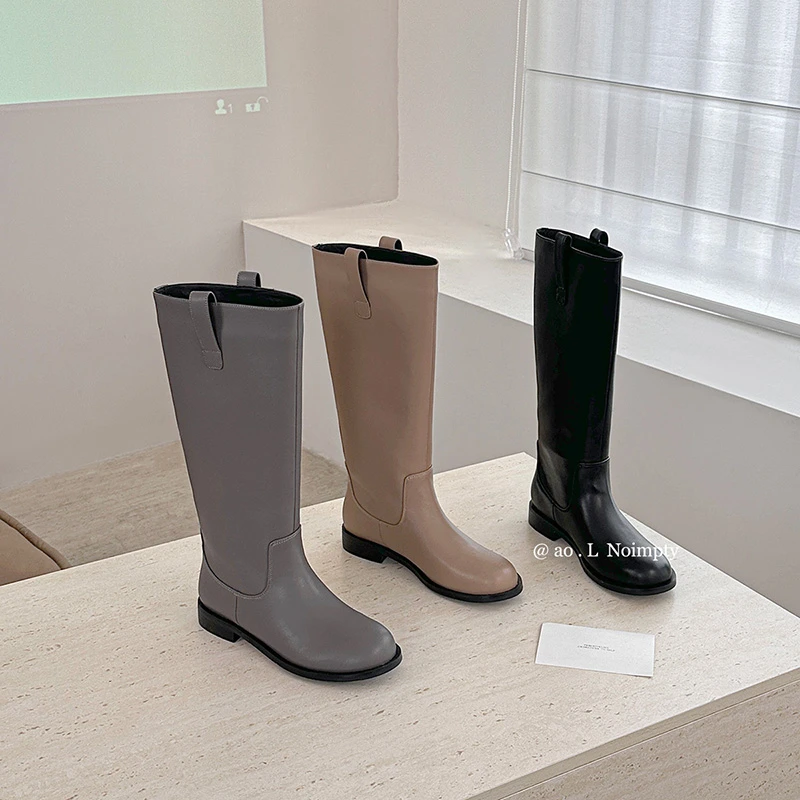 2.5cm牛皮圆头时装靴方跟真皮骑士靴复古风低跟一脚蹬显瘦纯色靴