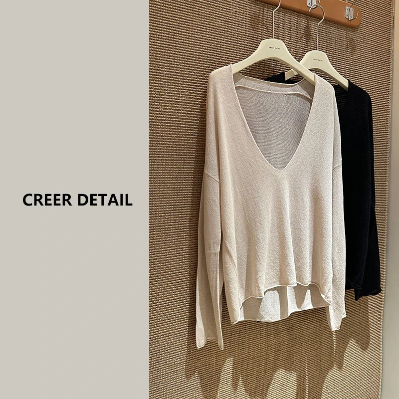 极简风和纸纱深V领针织衫宽松套头上衣