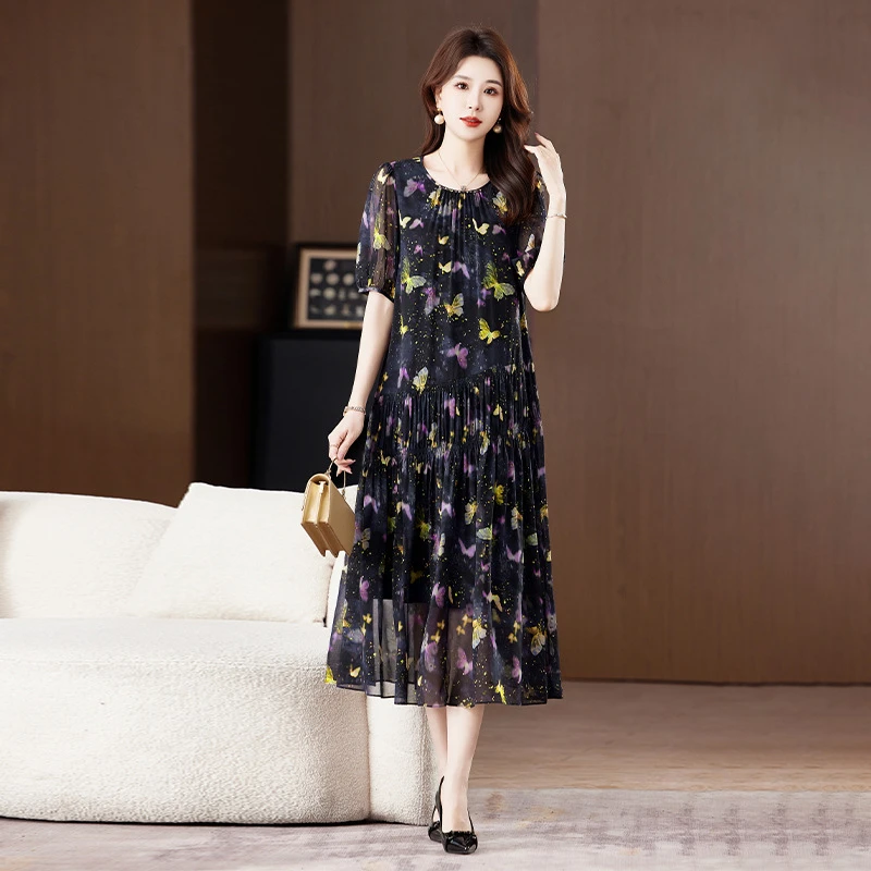 杭州重磅真丝连衣裙女2025新款夏季印花中年大码妈妈装桑蚕丝裙子
