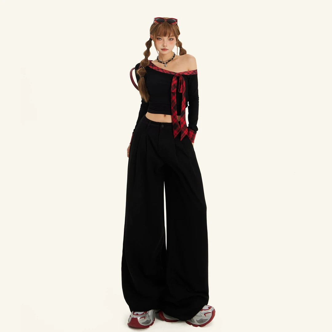 MNGRL 黑色高腰阔腿牛仔裤女褶皱纹理感宽松直筒裤通勤百搭裤子