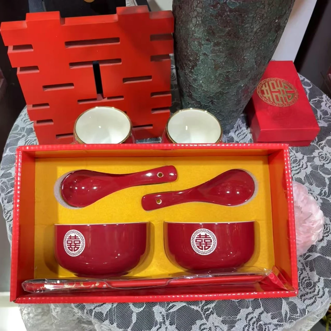 【店铺热销】结婚碗筷套装鸡蛋茶碗筷红色碗筷陶瓷不锈钢陪嫁用品