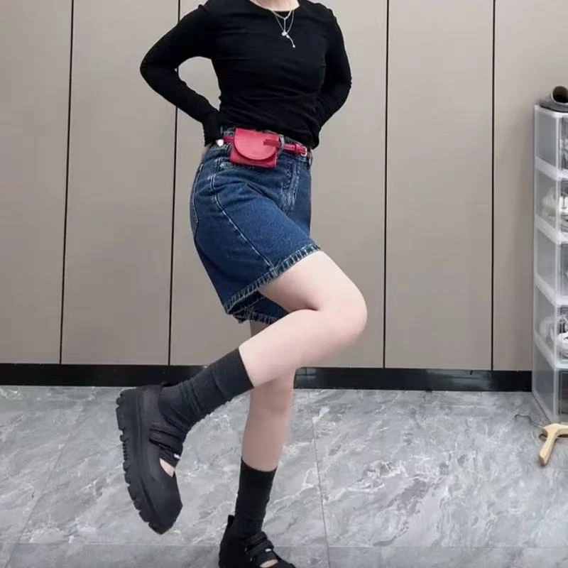 飞芊娅新款时尚高腰百搭牛仔短裤夏季薄款宽松显瘦直筒五分牛仔裤