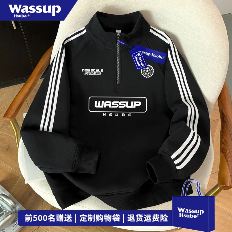 WASSUP HSUBE 潮牌字母印花半拉链卫衣秋冬季ins百搭三条杠上衣