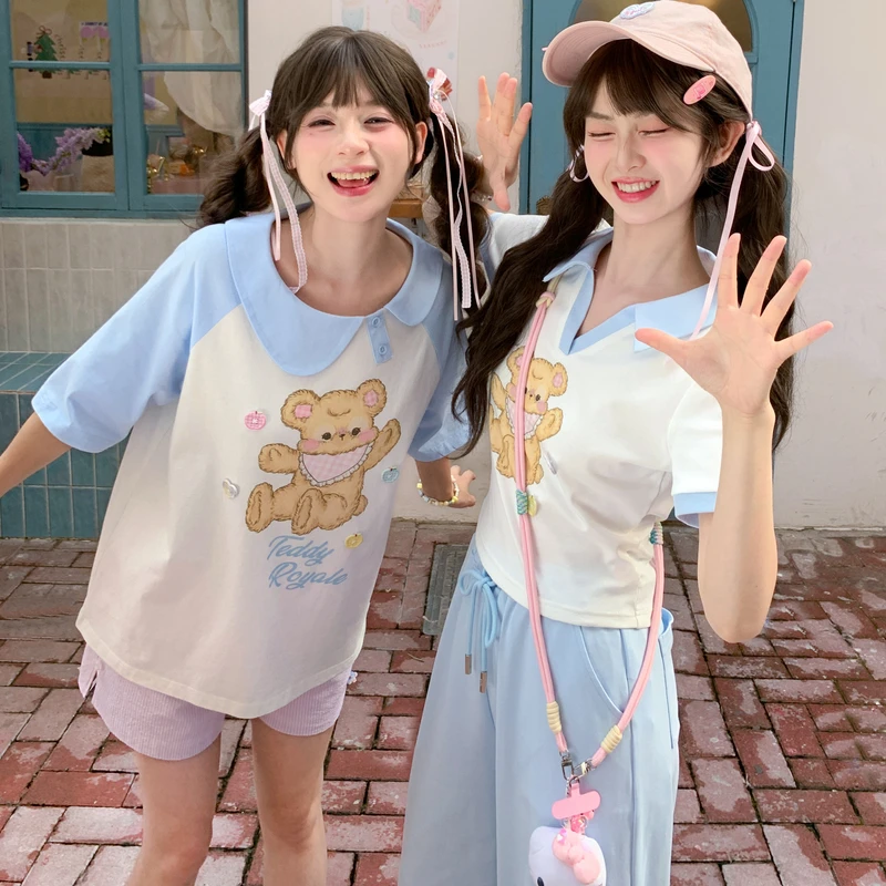 森女部落宽松拼色甜美原创设计感小熊印花短袖T恤女2025初夏穿搭