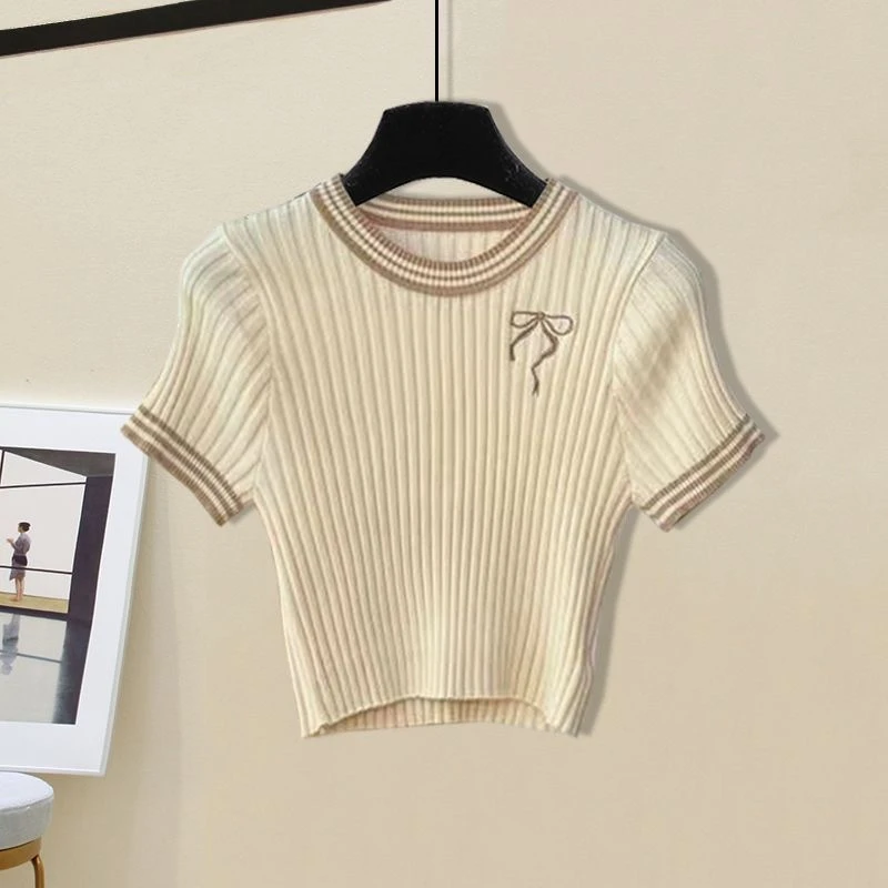 千衣千寻  2025春季蝴蝶结刺绣针织短袖T恤甜妹修身显瘦时尚上衣