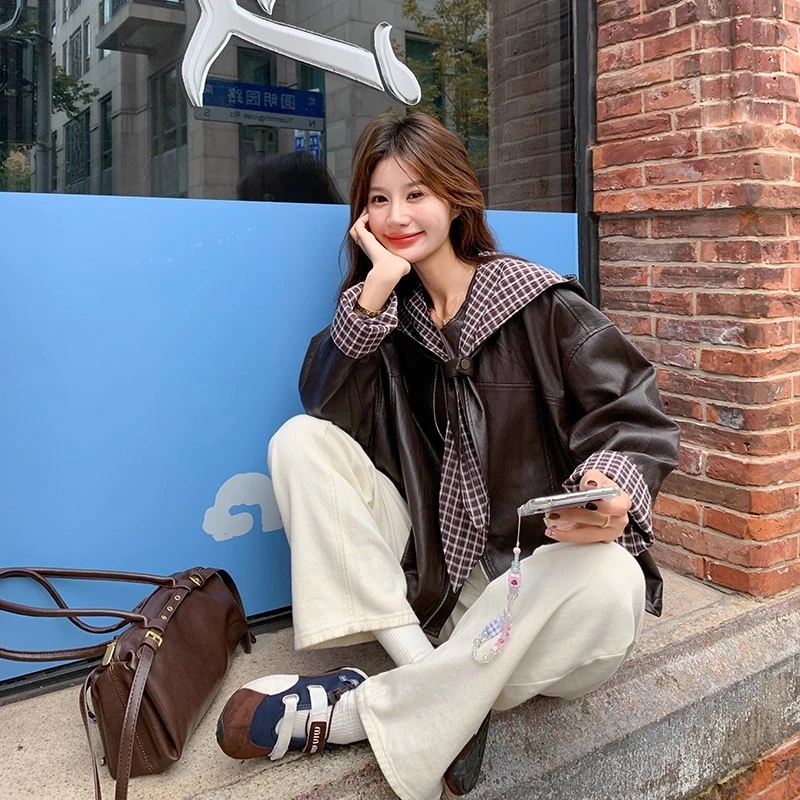 咖色复古格子拼接连帽皮衣外套女秋冬2025新款高级感爆款pu皮夹克