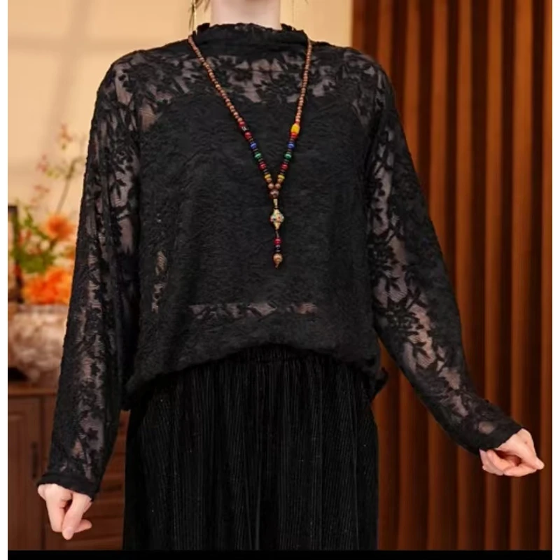 104/175/224蕾丝拼接设计款法式长袖打底宽松半高领提花