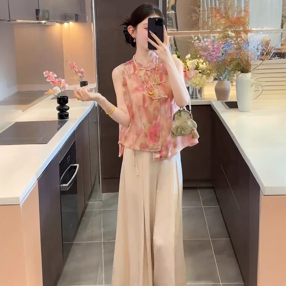 高端轻奢时尚套装女2025夏季新中式国风复古无袖上衣裤裙两件套