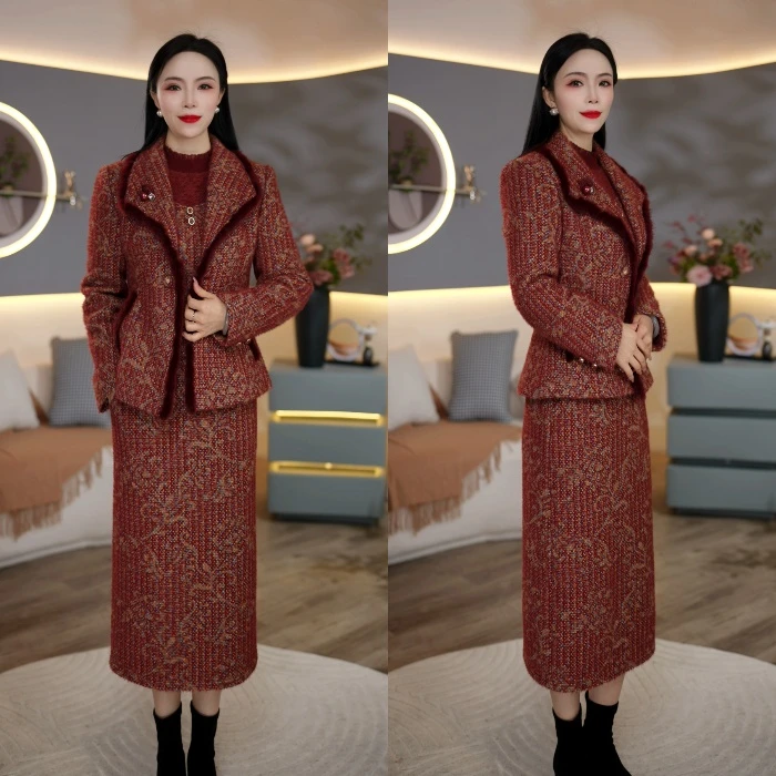 秋冬新款外套+连衣裙优雅贵妇气质两件套6375