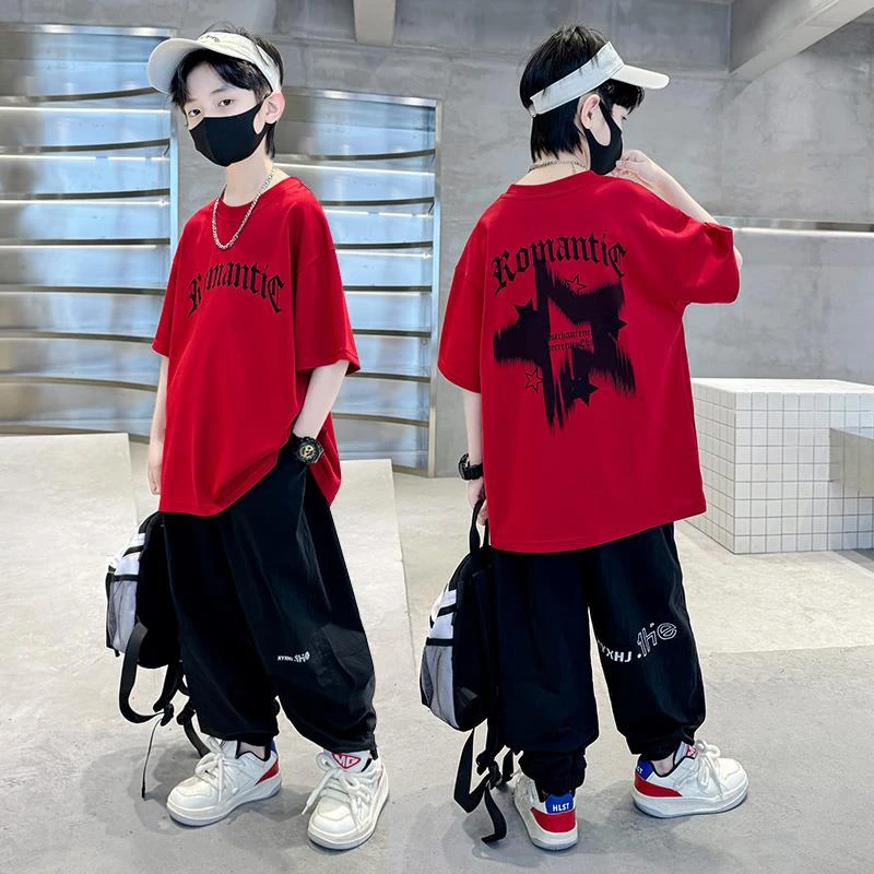 男童夏装短袖套装2025新款中大童夏季薄款儿童痞帅红色运动衣服潮