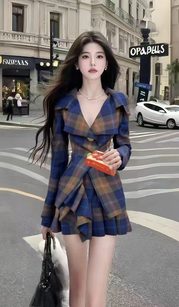 轻奢气质显瘦减龄休闲风格子V领不规则收腰小众设计氛围感连衣裙