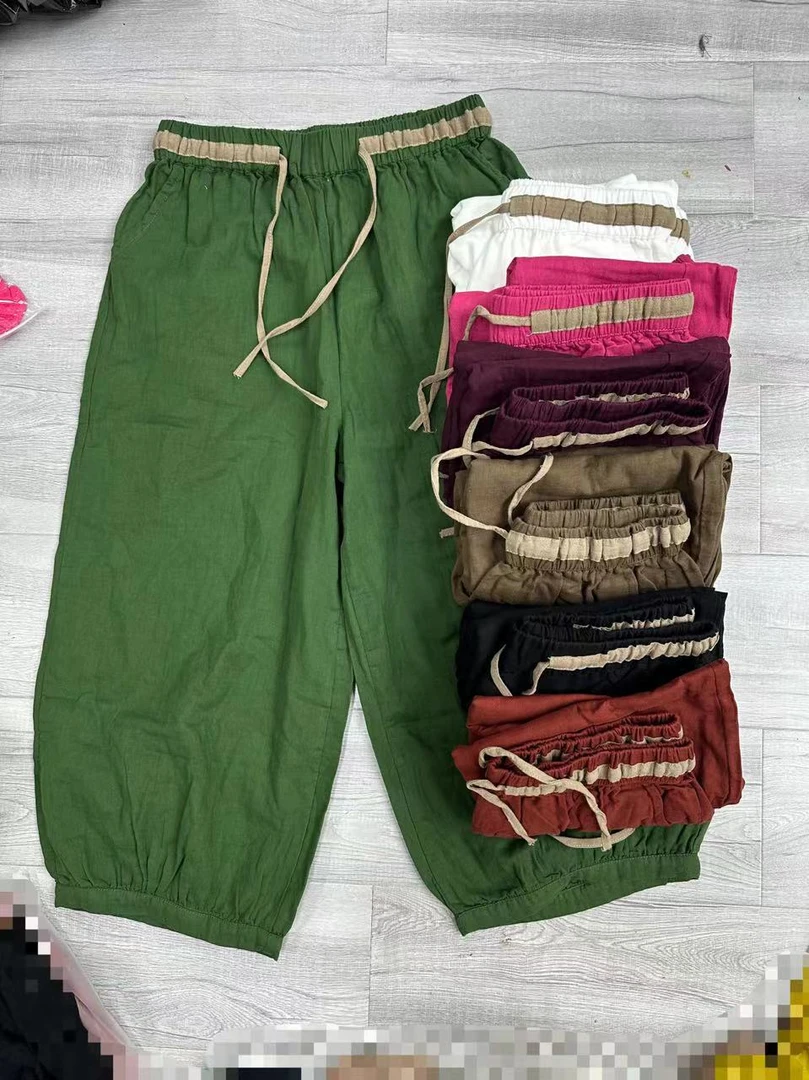 HY   裤腰拼色收脚双纱裤