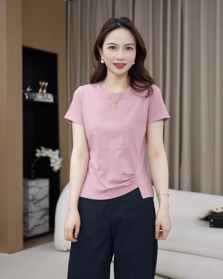 【小蛮腰】侧压皱不规则下摆T恤2025夏季新款修身显瘦百搭短袖C832