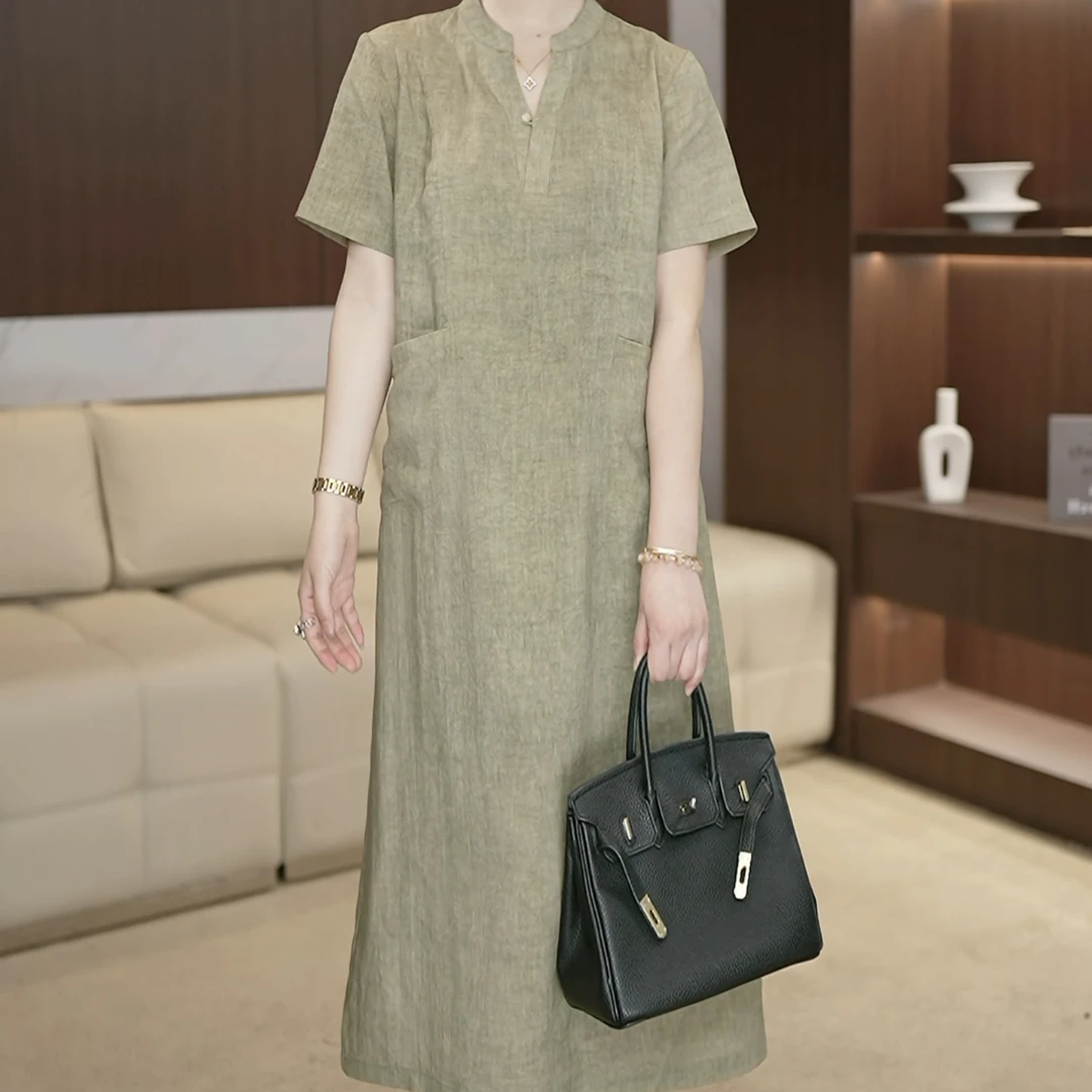 2025夏季女复古原创气质天丝苎麻A字裙宽松显瘦中式V领连衣裙3048