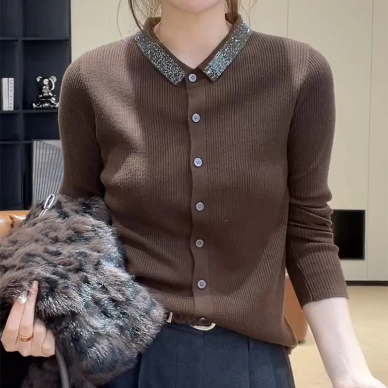 洋气翻领单排扣长袖针织开衫女秋季2025新款打底修身显瘦百搭上衣
