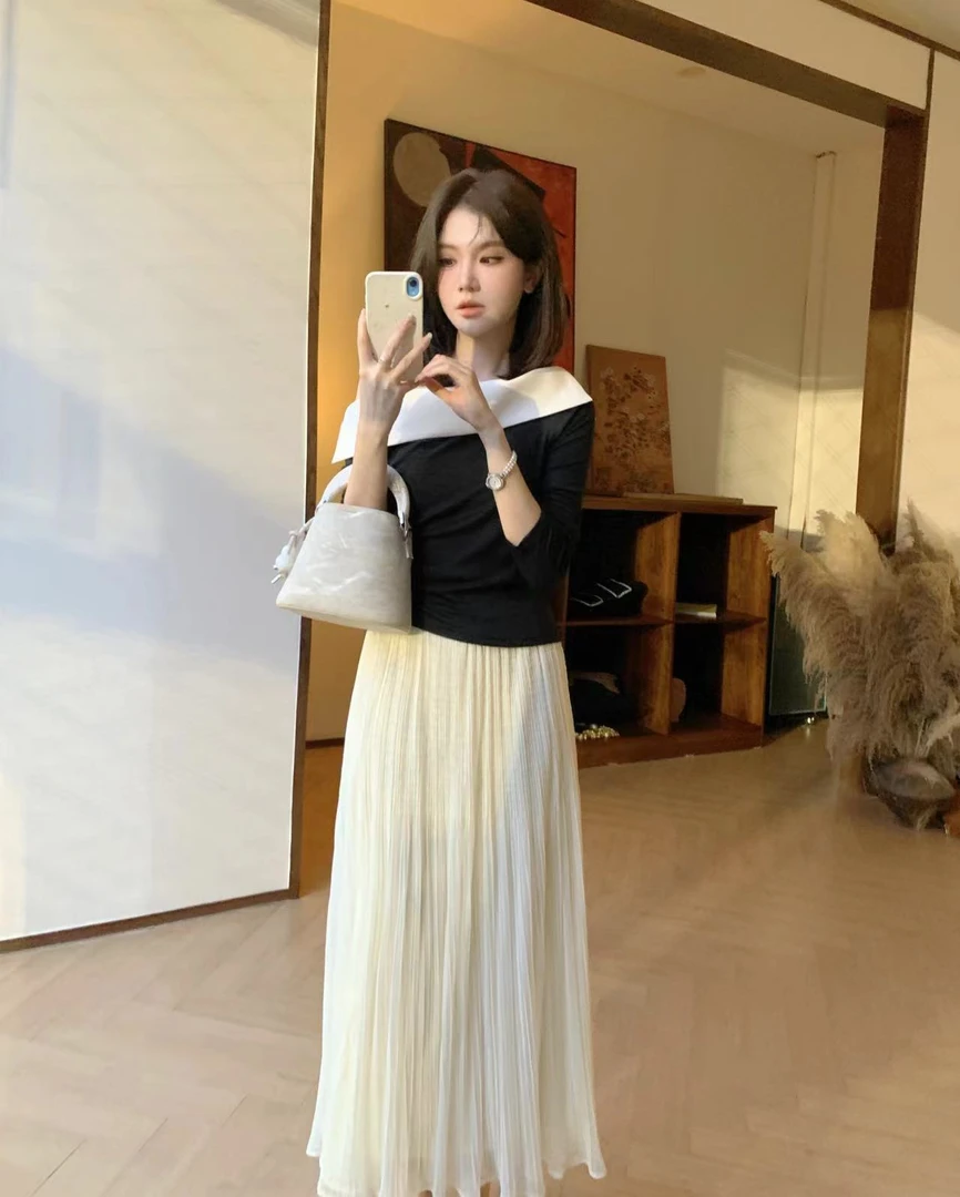 【芝士Cheese】左岸咖啡 气质长袖时尚露肩拼接显瘦小众修身上衣