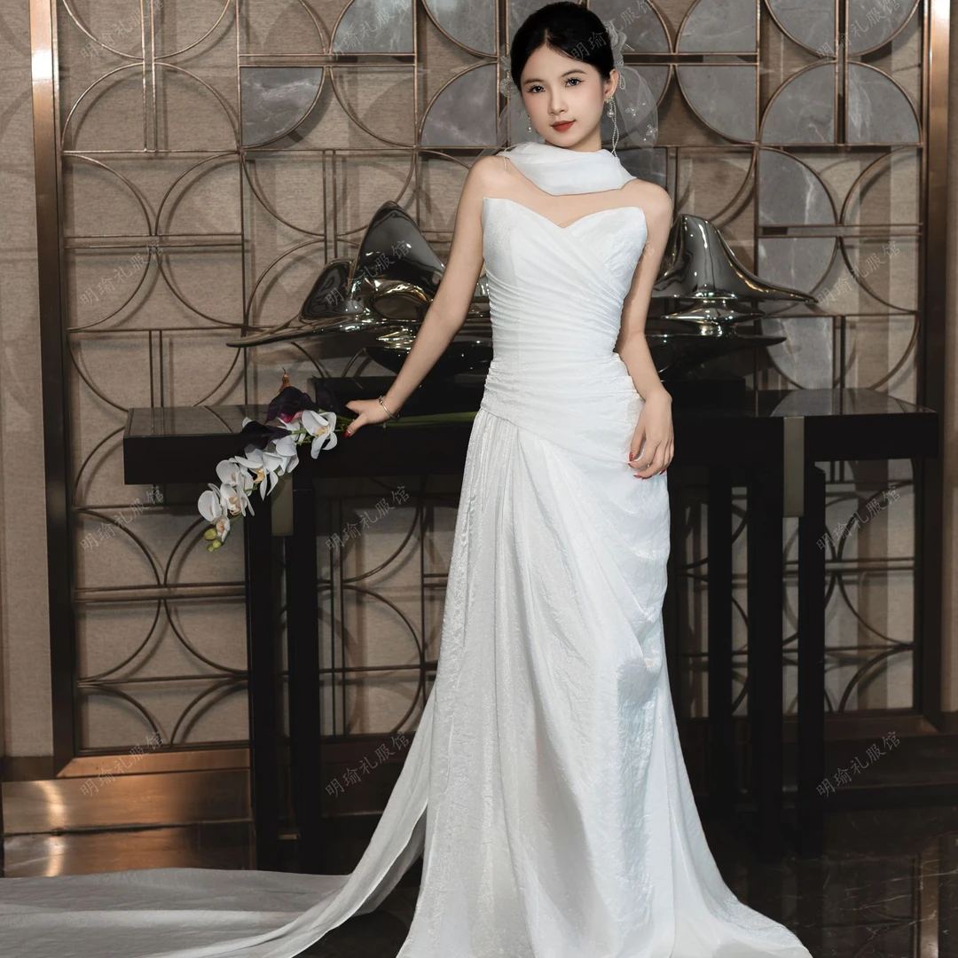 法式小众高级感晨袍抓褶抹胸型拖尾轻婚纱抹胸订婚礼服敬酒服A505