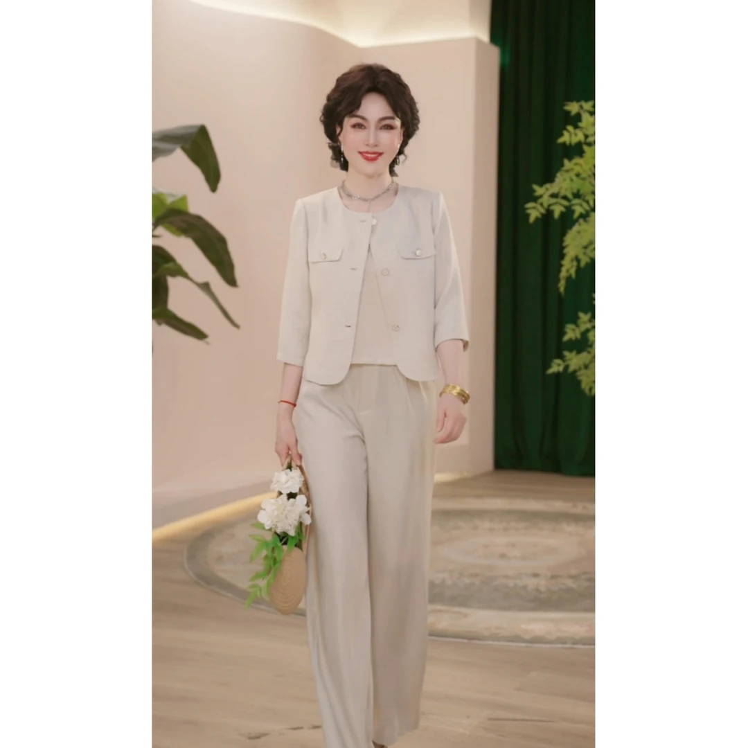 中年妈妈春装时尚套装2025新款气质中年女装宽松两件套上衣裤子