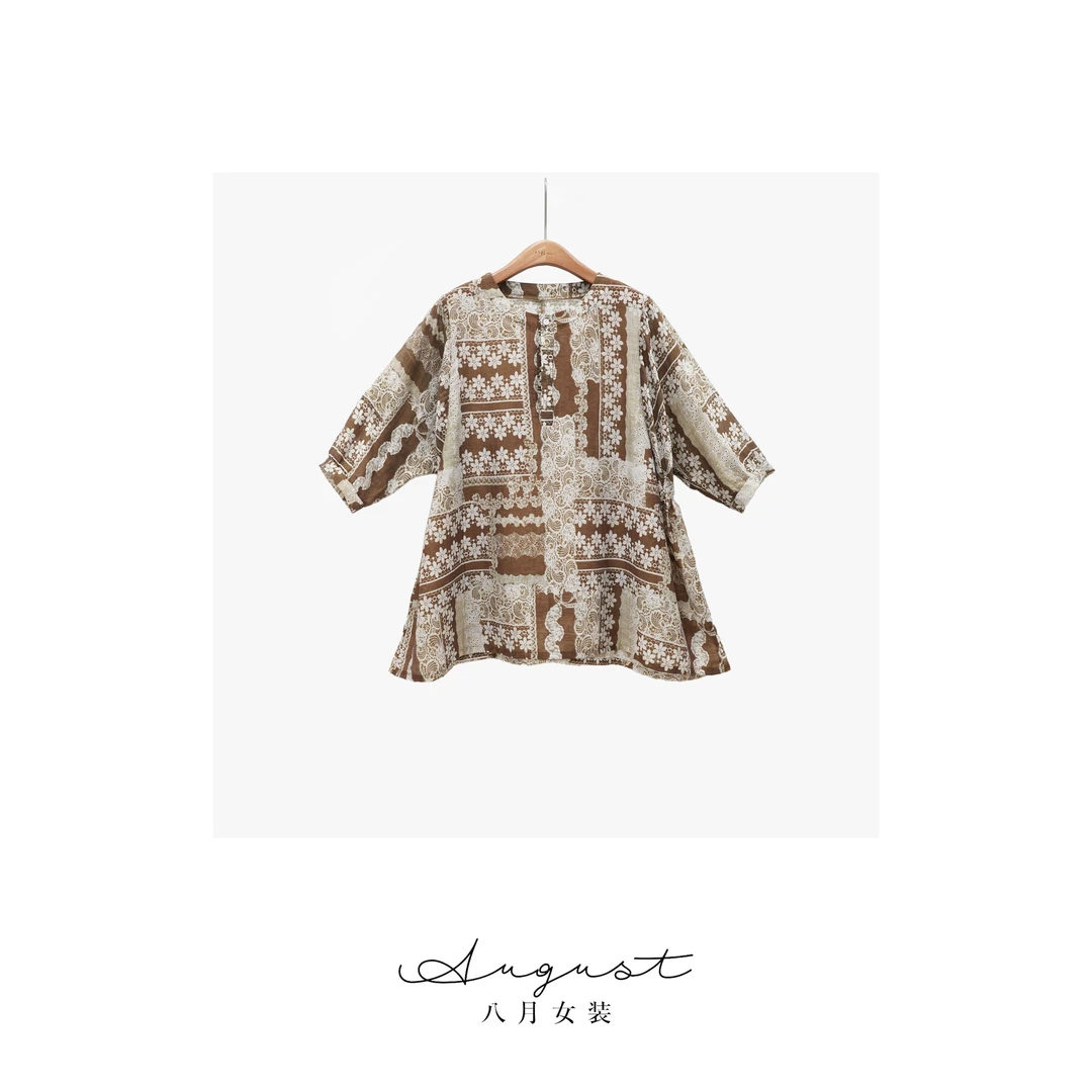 【BAYUE】3657印花七分袖T恤碎花时尚休闲夏季复古短袖洋气