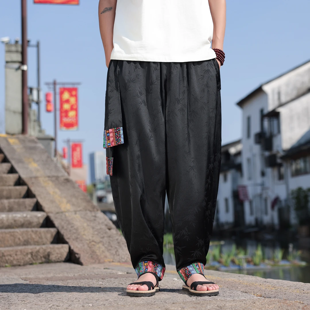 中国风男裤子夏季薄款复古提花冰丝裤大码宽松小众设计感宽松长裤