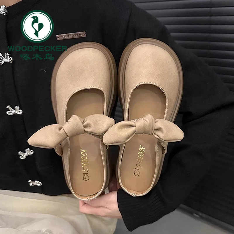 啄木鸟包头半拖鞋女外穿2025春夏晚风配裙子百搭蝴蝶结平底凉拖