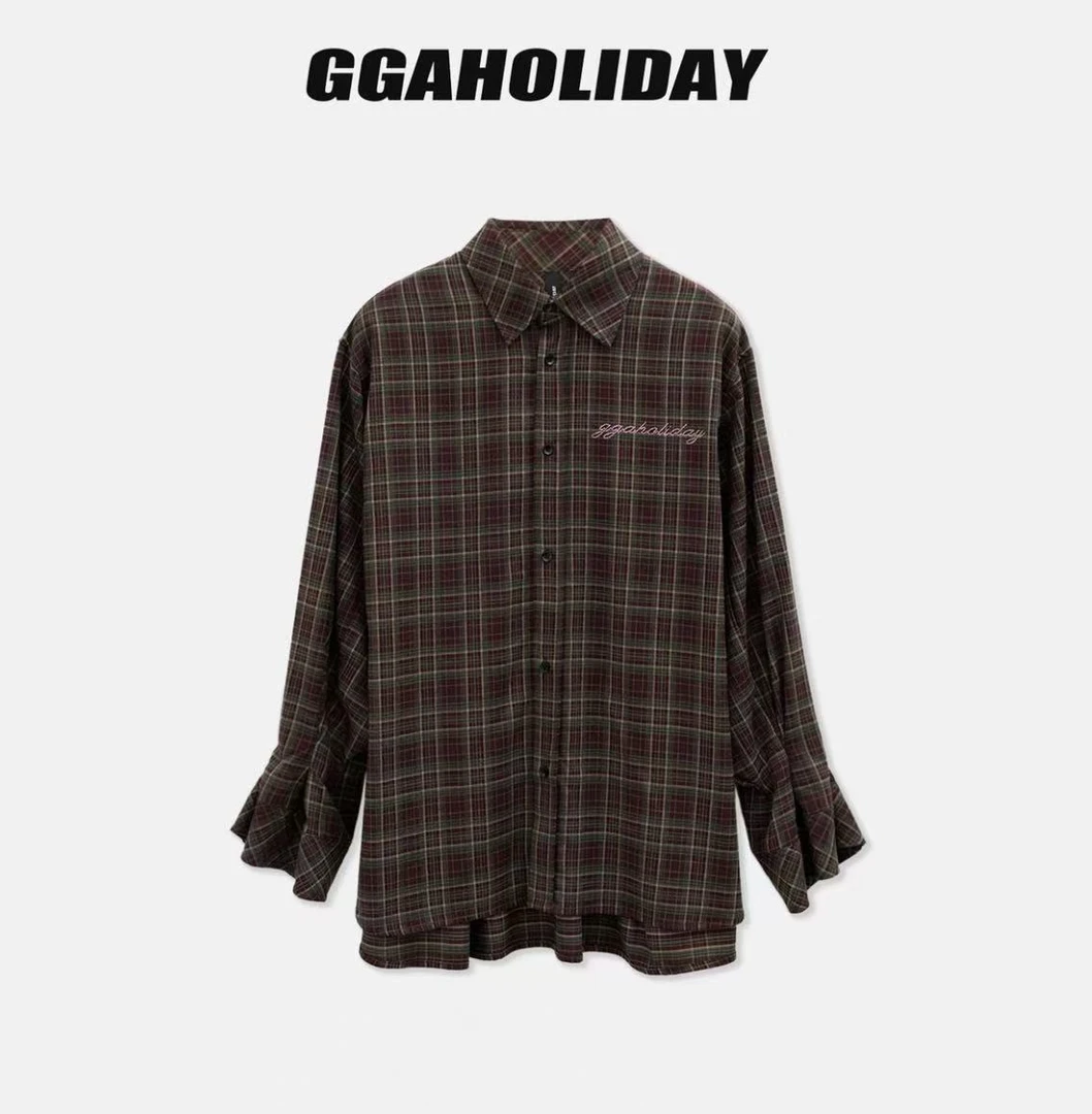 GGAHOLIDAY时尚休闲复古木耳袖衬衫宽松秋季长袖格子衬衣-153104